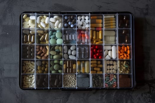 An overhead view of a daily pill organizer, meticulously filled with a variety of medications and supplements, highlighting healthcare management. Personalized medicine is displayed here.