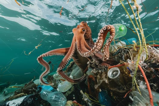 An octopus encounters the grim reality of ocean pollution, its tentacles entangled amidst plastic waste. The scene captures a poignant message about marine life's struggle in our polluted seas