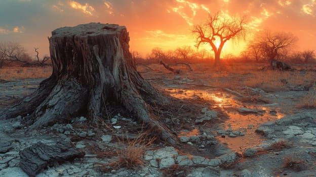 A lonely stump standing in a field at sunset.