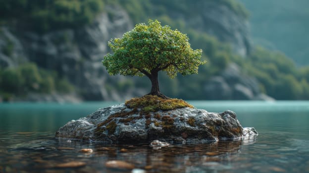 A lonely tree on a small island in a mountain lake.