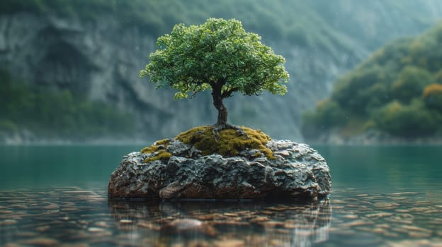 A lonely tree on a small island in a mountain lake.