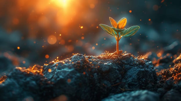 The sprout of the future tree makes its way through the rocky surface in the mountains. The concept of life and growth, despite the difficulties.