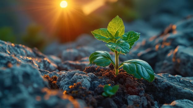 The sprout of the future tree makes its way through the rocky surface in the mountains. The concept of life and growth, despite the difficulties.