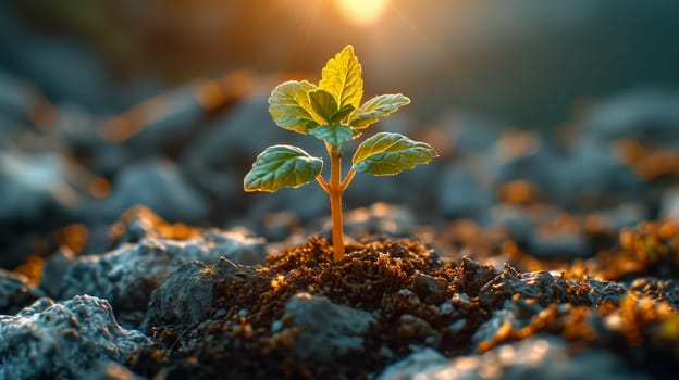 The sprout of the future tree makes its way through the rocky surface in the mountains. The concept of life and growth, despite the difficulties.