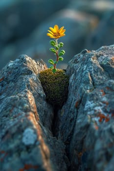 The sprout of the future tree makes its way through the rocky surface in the mountains. The concept of life and growth, despite the difficulties.