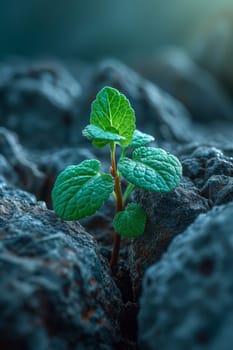 The sprout of the future tree makes its way through the rocky surface in the mountains. The concept of life and growth, despite the difficulties.