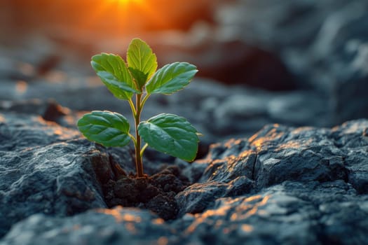 The sprout of the future tree makes its way through the rocky surface in the mountains. The concept of life and growth, despite the difficulties.