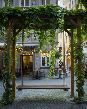 A wooden swing outside a building with ivy hanging from it, adding a touch of nature to the urban design. The facade is complemented by shades of green from the ivy