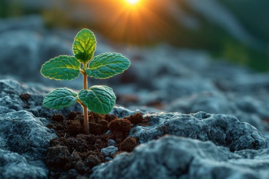 The sprout of the future tree makes its way through the rocky surface in the mountains. The concept of life and growth, despite the difficulties.