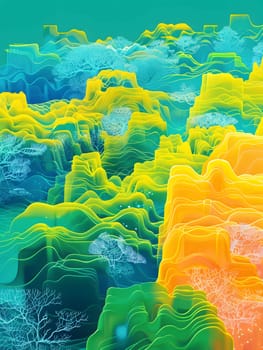 A computer generated image of an underwater coral reef in the azure waters, capturing the electric blue hues of the natural landscape. The painting depicts a vibrant aquatic environment