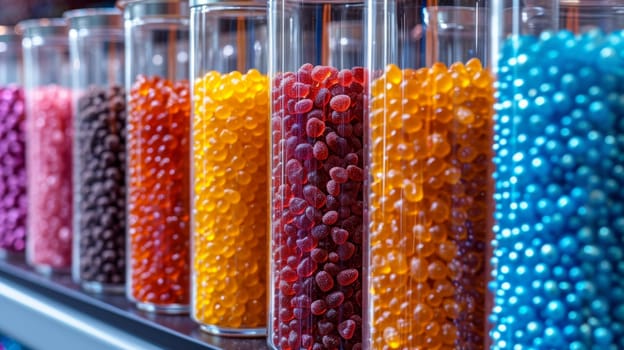 Glass flasks with colorful delicious candies on the shelf.