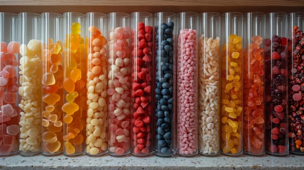 Glass flasks with colorful delicious candies on the shelf.