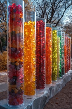 Glass flasks with colorful delicious candies on the shelf.