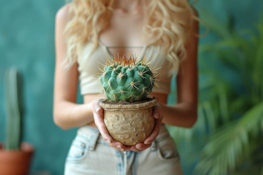 A girl holds a flower pot with a green cactus. Environmental protection and activism. Gardening and planting plants at home.