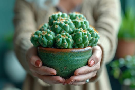 A girl holds a flower pot with a green cactus. Environmental protection and activism. Gardening and planting plants at home.