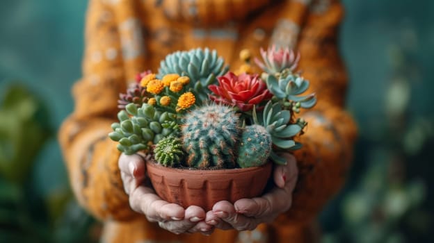 A girl holds a flower pot with a green cactus. Environmental protection and activism. Gardening and planting plants at home.