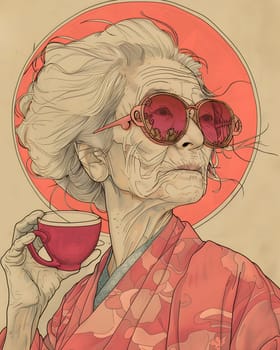 A portrait of a senior woman with sunglasses, coffee cup in hand, examining the intricate details of the painting, highlighting her nose, cheek, chin, jaw, and sleeve