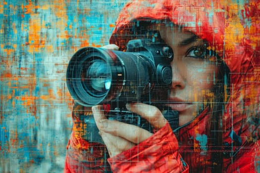 A girl in red clothes with a camera takes a picture. 3d illustration.