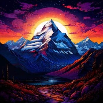 Serene painting capturing majesty of mountains, trees silhouetted against vibrant sunset. For meditation, mindfulness materials. Interior decor in spaces aiming for peaceful ambiance, natural beauty