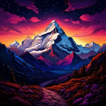 Serene painting capturing majesty of mountains, trees silhouetted against vibrant sunset. For meditation, mindfulness materials. Interior decor in spaces aiming for peaceful ambiance, natural beauty