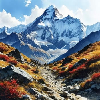 Scenic Nepal mountain road winding through majestic peaks in background. Decorative piece in home, offices to evoke sense of tranquility, natural beauty. Printed on merchandise like tshirt, mug, logo