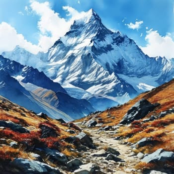 Serene painting capturing majesty of mountains, trees silhouetted against vibrant sunset. For meditation, mindfulness materials. Interior decor in spaces aiming for peaceful ambiance, natural beauty