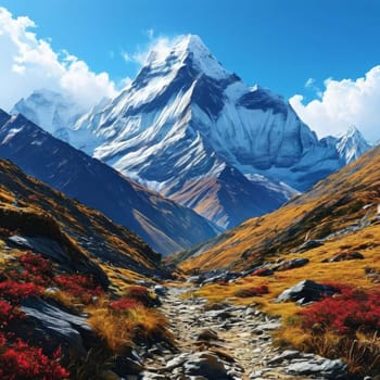 Scenic Nepal mountain road winding through majestic peaks in background. Decorative piece in home, offices to evoke sense of tranquility, natural beauty. Printed on merchandise like tshirt, mug, logo
