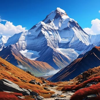 Scenic Nepal mountain road winding through majestic peaks in background. Various contexts such as art galleries, nature themed publications, educational materials on geography, inspirational posters