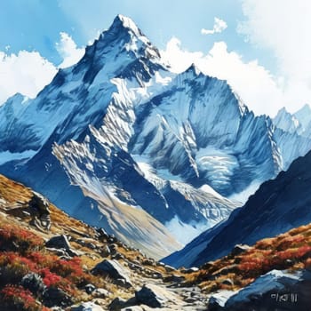 Scenic Nepal mountain road winding through majestic peaks in background. Decorative piece in home, offices to evoke sense of tranquility, natural beauty. Printed on merchandise like tshirt, mug, logo