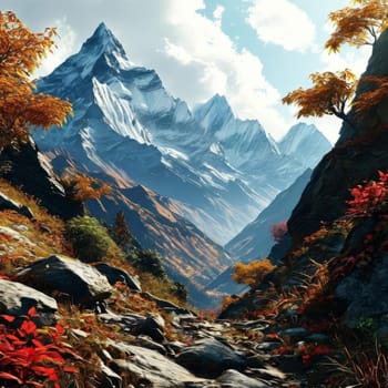 Scenic Nepal mountain road winding through majestic peaks in background. Various contexts such as art galleries, nature themed publications, educational materials on geography, inspirational posters