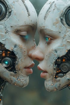 An image of two female robots opposite each other. The concept of the future. 3d illustration.
