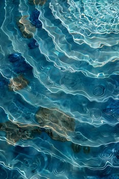 A closeup of fluid, electric blue water with rocks creating a beautiful pattern. The gentle wind waves create mesmerizing reflections on the surface of the ocean or lake