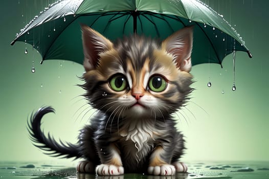 kitten sits under an umbrella, it is raining . generated image.