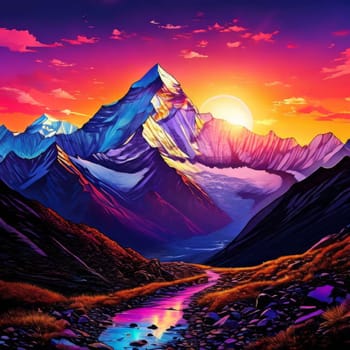 Serene painting capturing majesty of Nepal mountains, trees silhouetted against vibrant sunset. Wall art for home decor, especially in room with calming ambiance, travel brochures, print, logo