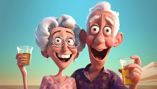 Golden Years Toast: Joy of retirement and Elderly Companionship - Cartoon illustration - Generative AI