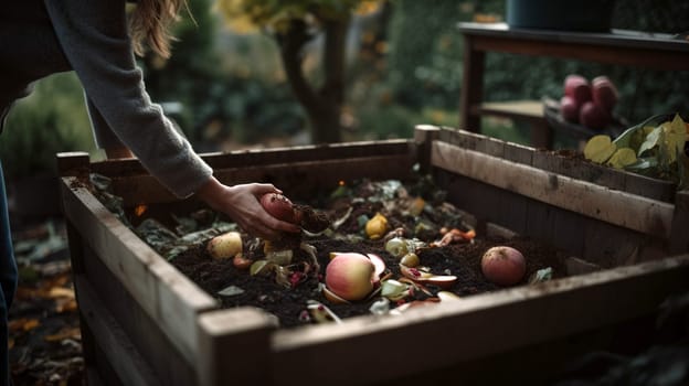 Hand depositing organic waste into a compost bin, recycling nutrients back to earth - Generative AI