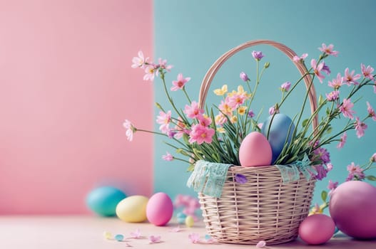 A wicker basket filled with pastel-colored Easter eggs and vibrant spring flowers, is set against a dual-tone pink and blue background - festive springtime mood - Generative AI