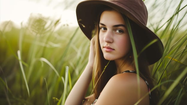 A thoughtful young woman wearing a wide-brimmed hat is showcased posing amidst the tall grass, with the soft glow of the evening sun lighting up her serene expression - Generative AI