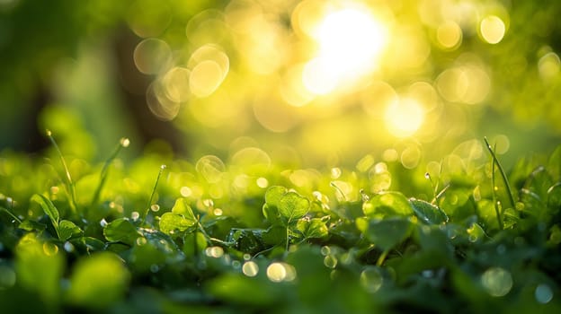 Sunlight filters through a green canopy, casting a warm glow on dew-speckled clover leaves at dawn - Generative AI