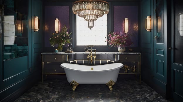 sumptuously designed bathroom combines modern luxury with vintage touches, featuring a freestanding tub - Generative AI