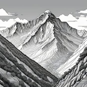 Serene black, white painting capturing majestic Nepal mountains, lush trees in harmonious contrast. Logo design for outdoor adventure travel agency, nature themed website, social media banner, print