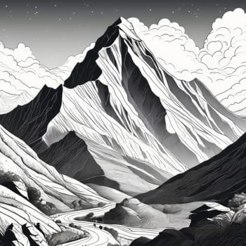 Stunning black, white drawing of majestic mountain range. Nature themed publications, website, travel brochure, meditation app, even as decorative piece in home, offices to evoke sense of tranquility