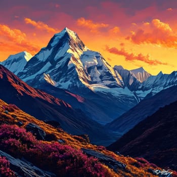 Serene painting capturing majesty of Nepal mountains, trees silhouetted against vibrant sunset. Wall art for home decor, especially in room with calming ambiance, travel brochures, print, logo