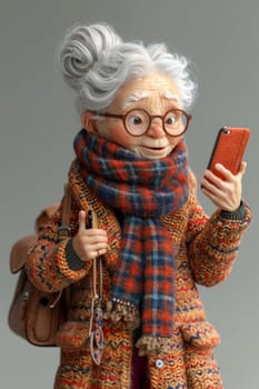 An elderly woman with glasses uses the Internet from her smartphone. 3d illustration.