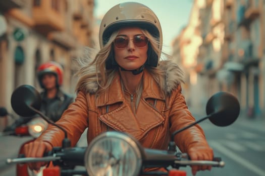 a girl in a helmet rides around the city on a scooter.