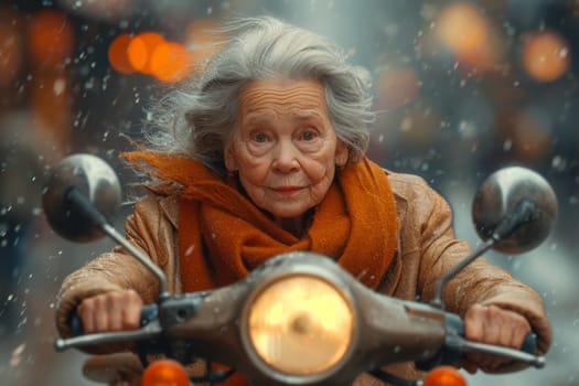 An elderly woman rides around the city on a scooter in the autumn city.