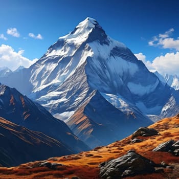Scenic Nepal mountain road winding through majestic peaks in background. Decorative piece in home, offices to evoke sense of tranquility, natural beauty. Printed on merchandise like tshirt, mug, logo
