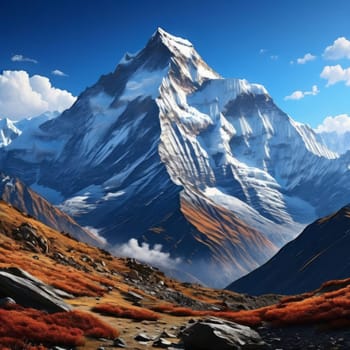 Scenic Nepal mountain road winding through majestic peaks in background. Various contexts such as art galleries, nature themed publications, educational materials on geography, inspirational posters