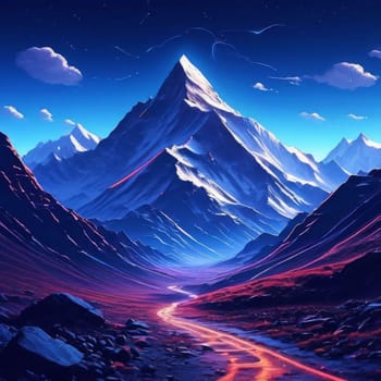 Serene painting capturing majesty of mountains, trees silhouetted against vibrant sunset. For meditation, mindfulness materials. Interior decor in spaces aiming for peaceful ambiance, natural beauty