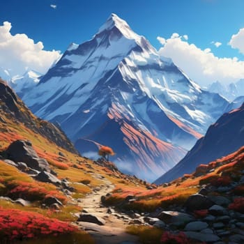 Scenic Nepal mountain road winding through majestic peaks in background. Decorative piece in home, offices to evoke sense of tranquility, natural beauty. Printed on merchandise like tshirt, mug, logo